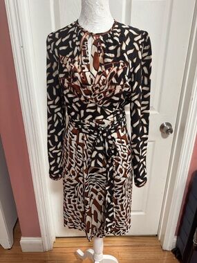 Diane von Furstenberg Black, Cream & Brown Long-Sleeve Tie-Waist Dress